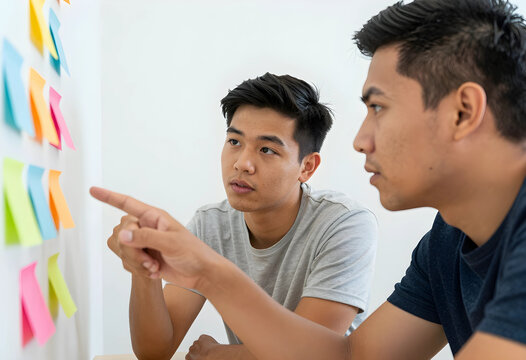 Team collaboration and brainstorming, two young men planning project strategy with sticky notes on a wall in a modern office workspace for creative work