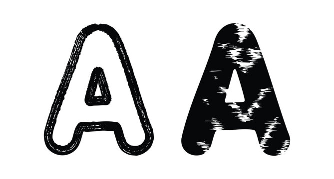 Letter A pairs outline and solid styles with dual alphabet characters, rough textures, and black strokes.