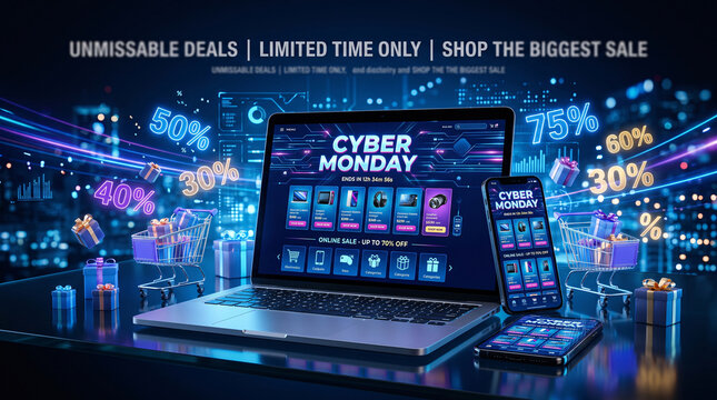 Cyber Monday online shopping promo with laptop, smartphone, and glowing icons