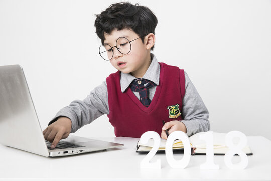 Focused Schoolboy Using Laptop and Taking Notes at Desk