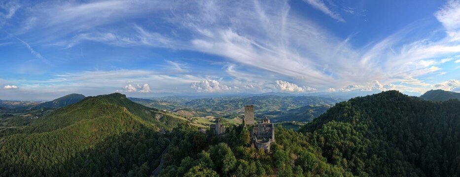 Carpineti, Reggio Emilia, Italy - 04.20.2018: Aerial view of the castle of Carpineti
