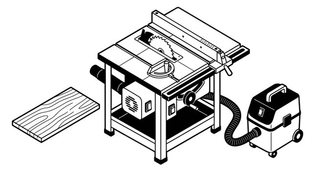 Isometric view of a table saw with a piece of wood and a shop vacuum.