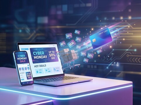 Cyber Monday online shopping banner with responsive laptop, mobile, and cyber network