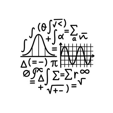Mathematical formulas and graphs in a circular composition.