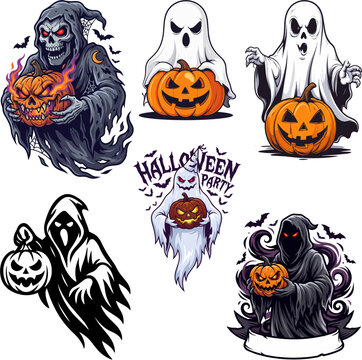 Conjunto de siniestro fantasma con calabaza malvada para la fiesta de Halloween 01.