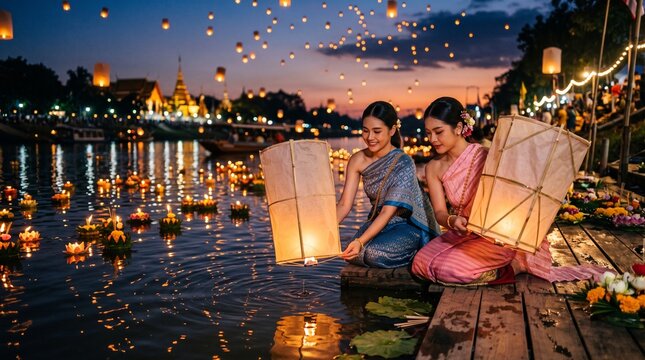 Two Asian women in traditional clothing release lanterns on a river at dusk during a festival