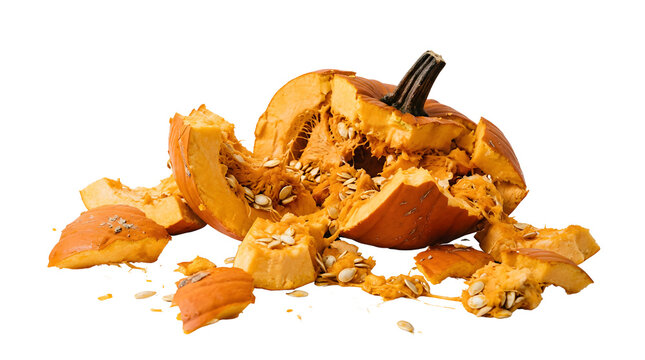 Smashed pumpkin with scattered seeds and pulp on a white background.