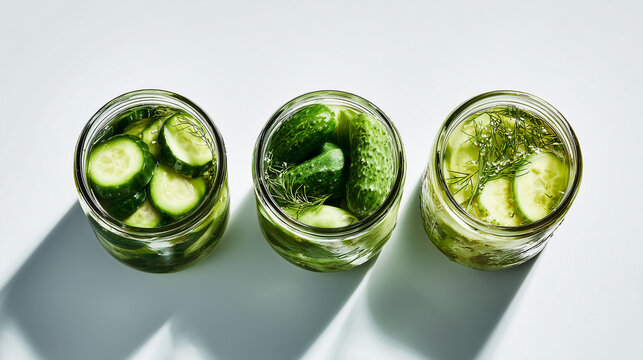 Open pickle jars with cucumber slices and dill