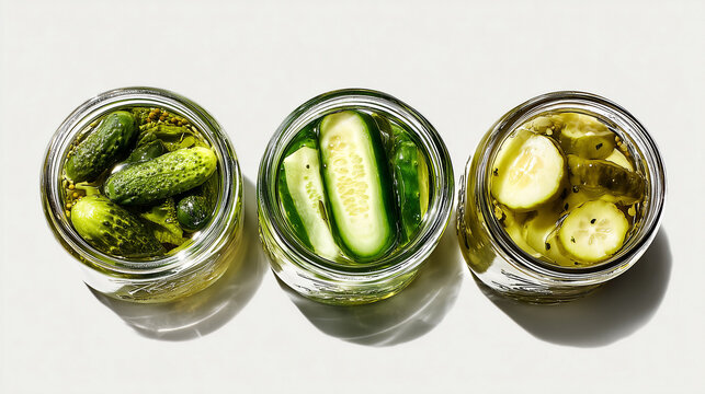 Three jars of whole and sliced pickled cucumbers from above