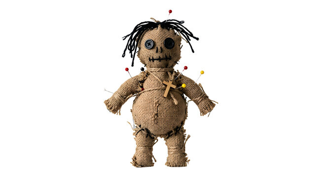 Voodoo doll with pins and dreadlocks on a white background.