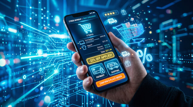 Person holding smartphone showing Cyber Monday online store with blue cyber background