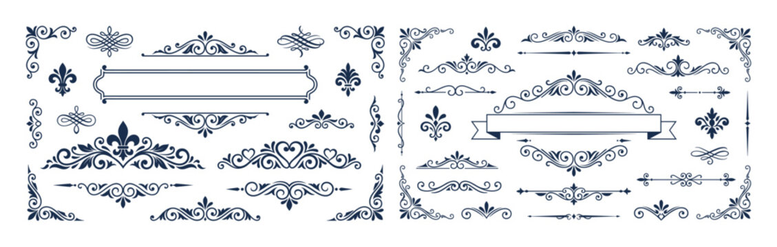 Ornate vintage flourishes dividers borders collection classic blue vector illustration set