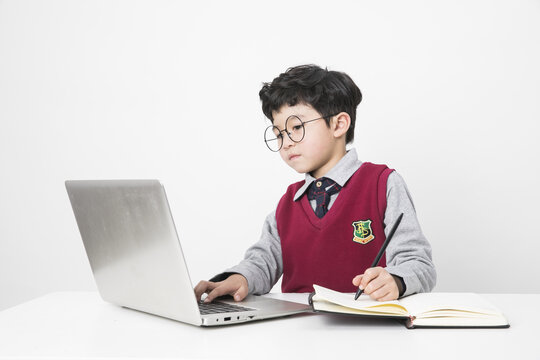 Young schoolboy studying with laptop and notebook at desk