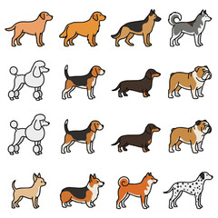 Obraz premium Collection of cartoon dog breed icons on a white background including popular domestic pets such as retriever german shepherd husky poodle beagle dachshund bulldog chihuahua corgi and dalmatian