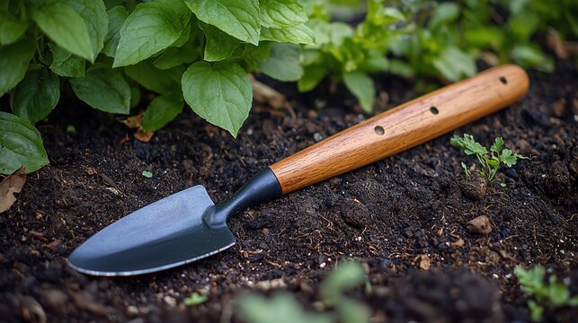 Gardening hand trowel rests on dark soil near green plants.