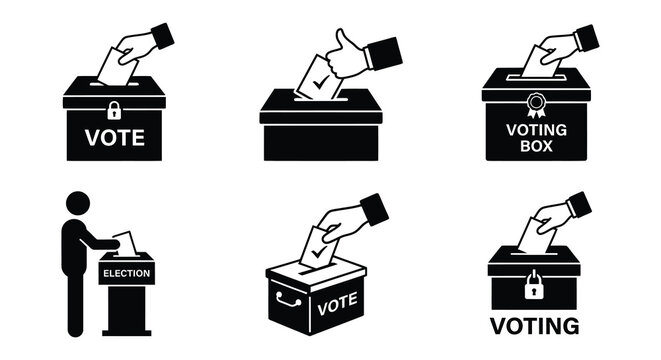 Black vector illustrations depict hands depositing ballots into voting boxes with security features