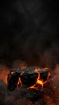 Volcanic rock podium with glowing lava cracks and embers in smoke