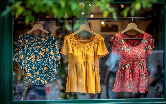 Three floral summer dresses displayed in a shop window.