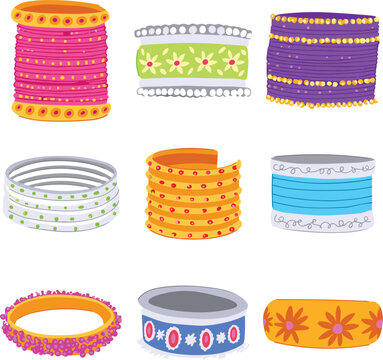 Collection of Colorful Indian Style Bangles and Bracelets with Floral Patterns and Beads in Pink, Orange, Purple and Blue Isolated Vector Illustration Set