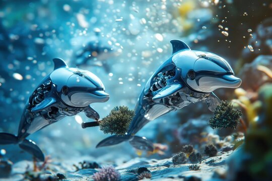 Futuristic underwater robots shaped like dolphins planting new coral on ocean reef restoration