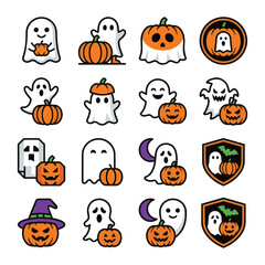 Fototapeta premium Cute halloween vector icon set featuring cartoon ghosts and orange pumpkins with different expressions on a white background ideal for spooky autumn holiday graphic designs and stickers