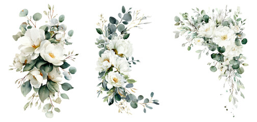 Fototapeta premium Watercolor white floral bouquets with eucalyptus greenery creating elegant wedding invitation clipart, perfect for natural and romantic event designs and stationery