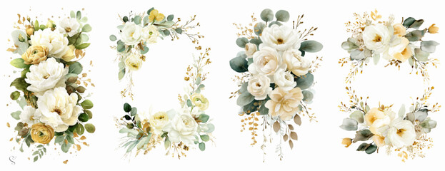 Fototapeta premium Watercolor floral collection of white and gold blooms with eucalyptus and delicate green foliage, elegant bouquets, frames, wreaths and borders on a clean white background
