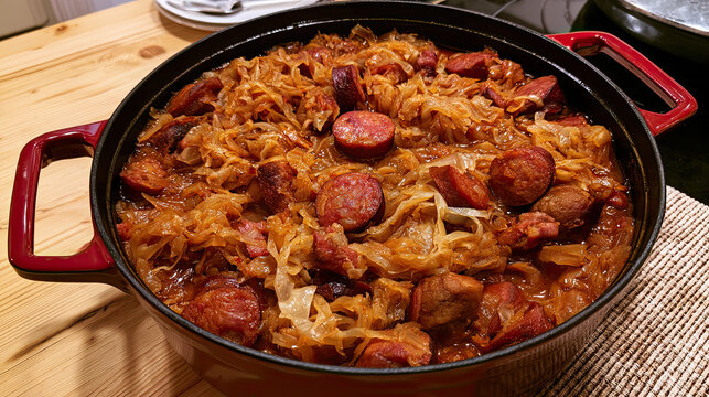 transparent bigos stew with smoked sausage and sauerkraut