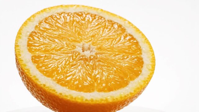 Fresh sliced orange half with juicy pulp and droplets on white