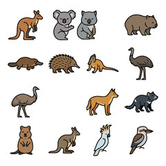Obraz premium Set of flat vector illustrations depicting various endemic animals such as a kangaroo koala wombat platypus echidna emu dingo cockatoo kookaburra and quokka on a white background