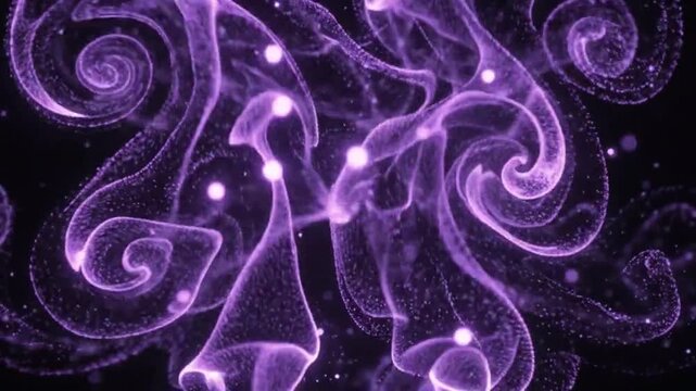 Abstract purple glowing particles and dust on black background
