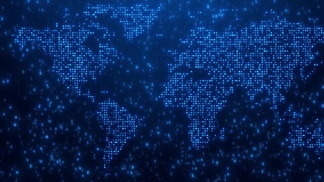 Abstract world map of blue glowing binary code digital data with 0 and 1 numbers running computer network connection motion background.