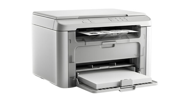 Sleek modern multifunction printer with open paper tray showcasing streamlined functionality, concept for office efficiency, document management and professional wayfinding signage production