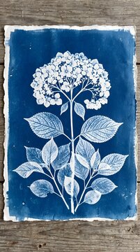 Lush Hydrangea Blossom Botanical Cyanotype Print Displaying Detailed Head and Leaves