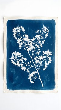 Trailing Floral Vine Botanical Cyanotype Print with Flowing Blossom Patterns