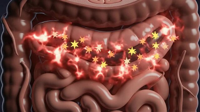 3D medical animation of human intestine inflammation and digestion process with glowing star particles