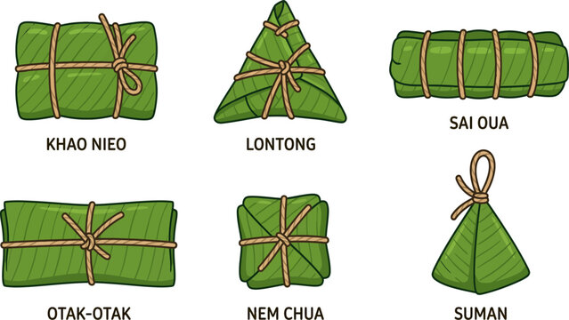 Traditional Green Leaf Wrapped Food Packages With Names Displayed
