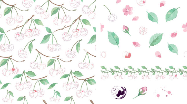 Delicate Watercolor Cherry Blossom Vector Pack with Seamless Branch Pattern Scattered Pink Petals Leaves Garland Border and Paint Splatters