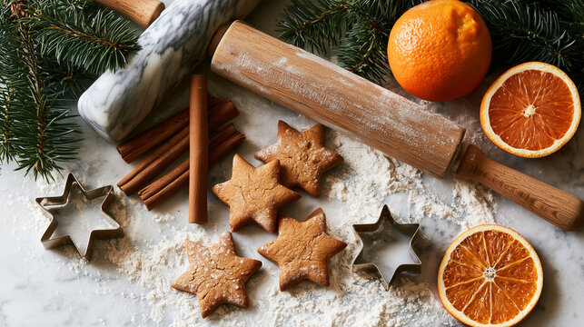 Christmas baking ingredients and freshly made gingerbread cookies arranged on a bright kitchen counter with festive decorations.