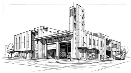 Fototapeta premium Dynamic Sketch of Modern Fire Station with Large Bays Staircase Tower and Urban Surroundings with high quality professional line art symbols for modern creative design and digital branding projects