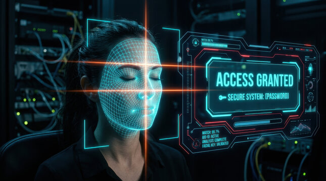 Futuristic facial recognition system granting access to a woman in a secure server room environment