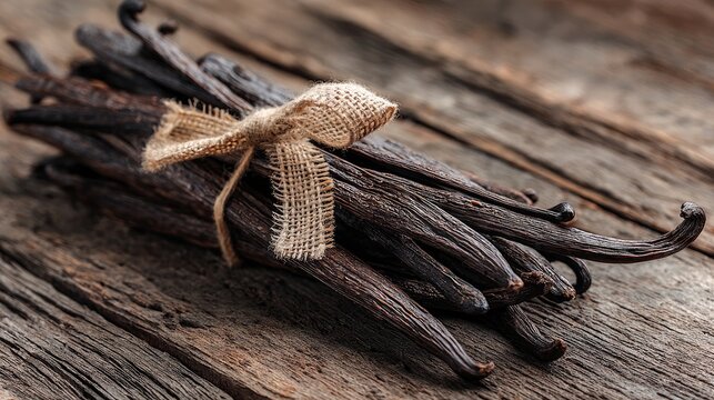 A rustic collection of vanilla beans rests on a weathered wooden surface.