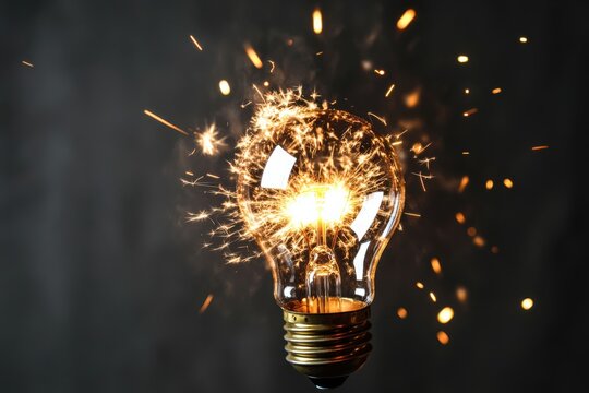 A glowing light bulb shattering into a million glowing sparks and flying fragments