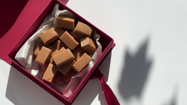 Homemade caramel fudge sweets in burgundy gift box with sunlight and leaf shadows for gourmet confectionery concept