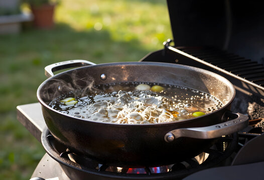 Outdoor cooking and summer lifestyle, boiling water in a pan on a gas grill for healthy meal preparation in a backyard garden during a sunny day