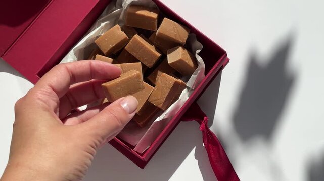 Woman hand taking handmade caramel fudge candy from burgundy gift box on white background with maple leaf shadow for autumn sweet gift concept