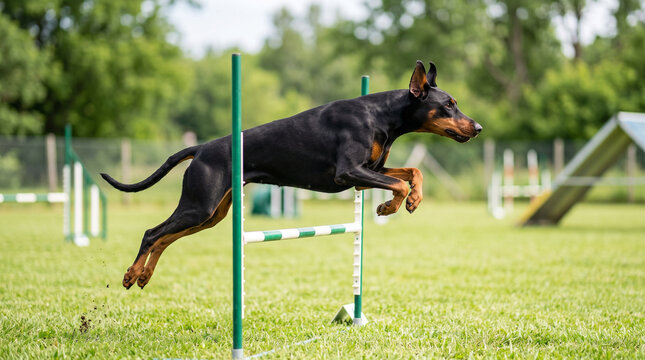 Doberman dog jumping over an agility hurdle on a sunny day  