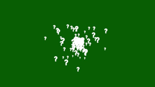 Questions marks animated flying particles explosion videos, white question mark symbol, hand drawn white chalk question marks animation on green background, falling question marks.4k video