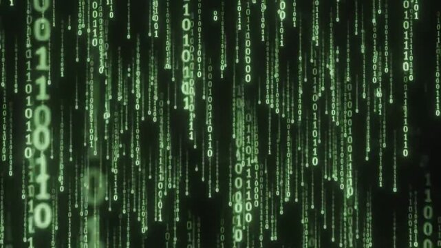 Green binary code falling on black background and digital data stream