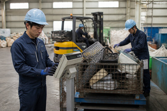 不用品回収拠点で回収物を計量し仕分ける作業員